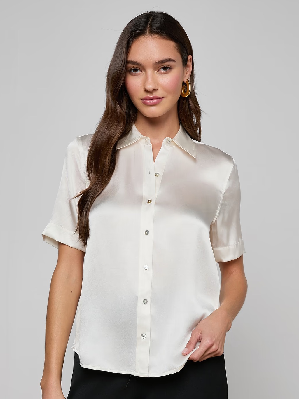 Nwt Lâagence Ellah Silk Satin Short Sleeve Button Down Up Shirt Top Ivory White